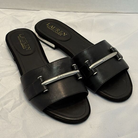 Ralph Lauren LRL Women’s Size 5.5B Black & Silver Davan Leather Slip-On Sandal - Picture 1 of 10